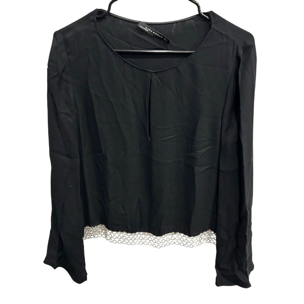 Zara Woman Black Long Sleeve Top With Chain Detail Hemline Sz Medium